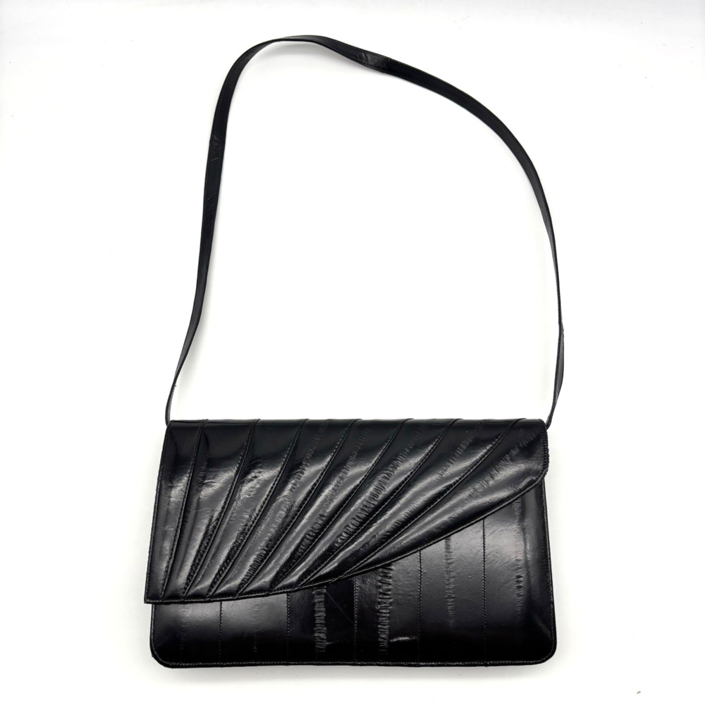 Vintage 70s Korean Black Eel Skin Leather Clutch Shoulder Bag Purse 10.5x6.5"